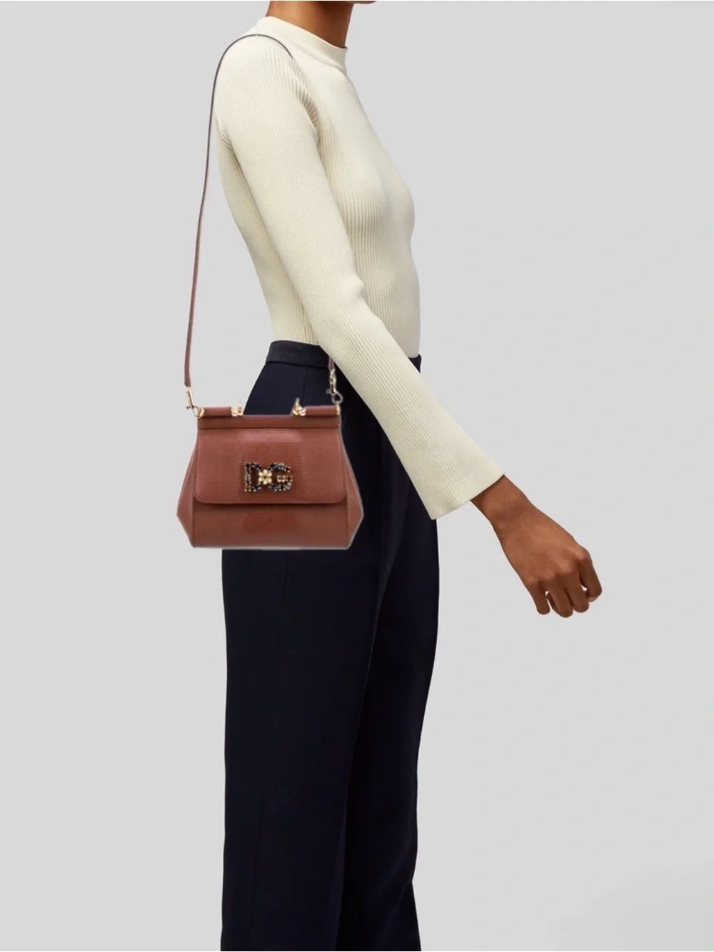 Dolce & Gabbana Brown Lizard-Embossed Sicily Top Handle Bag with Jeweled DG